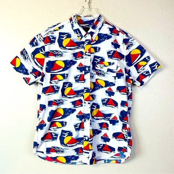 J. Crew Sailboat Cotton Button Up Short Sleeve Shirt Size M - Picture 1 of 7